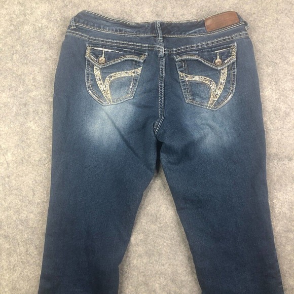 Ariya Jeans Women 13/14 Straight Leg Mid Rise Dark Blue Stretch Embroidered - Picture 9 of 10